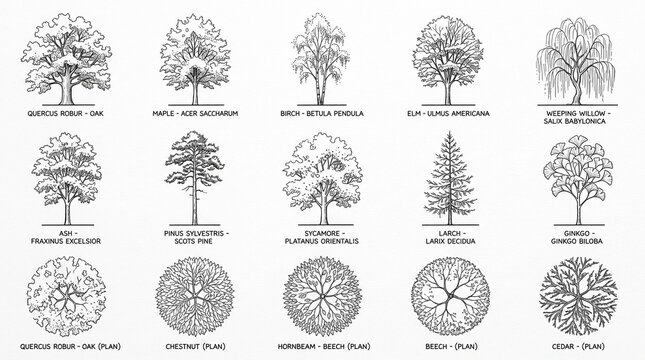 Set of architectural tree sketches for landscape design and site planning