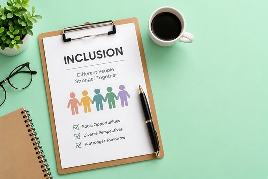Inclusion concept document on a clipboard with coffee cup and plant on a green desk, representing diversity and equality in the workplace