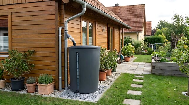 Modern rain barrel system efficiently collects rainwater from house gutters, promoting sustainable garden irrigation and eco-friendly home living solutions for a greener environment