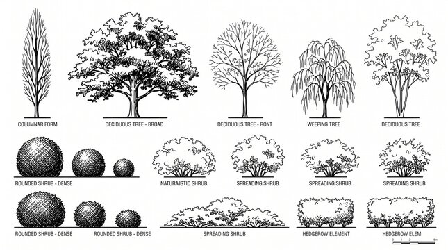 Architectural tree and shrub silhouettes for landscape design planning