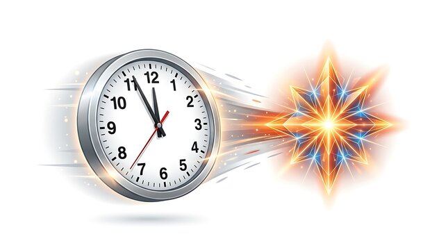 Fast moving clock flying towards an explosion of light and fire.