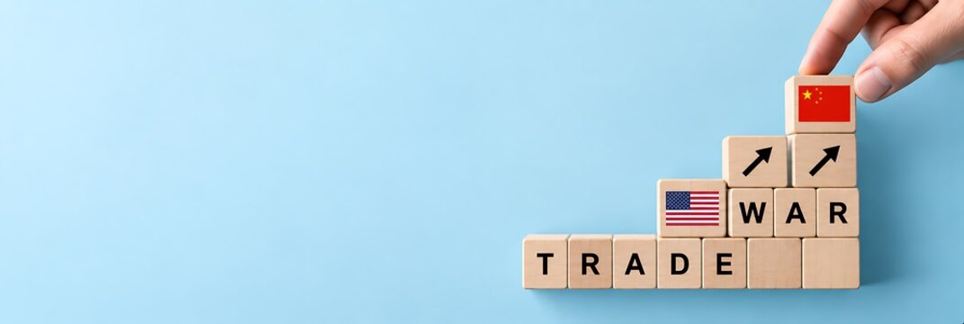Trade war concept between USA and China represented by wooden blocks with flags and arrows on a blue background