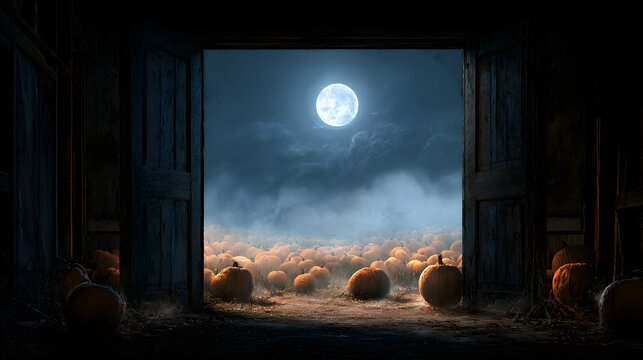 Halloween wallpaper, moonlit pumpkin field with mist rolling in inside a dusty haunted hallway, quietly unsettling mood