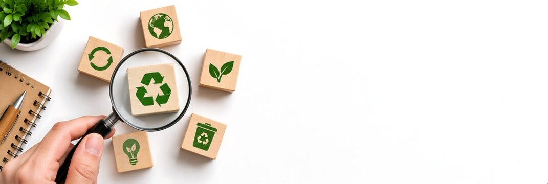 Recycling symbol and eco friendly icons on wooden blocks with magnifying glass on white background banner space