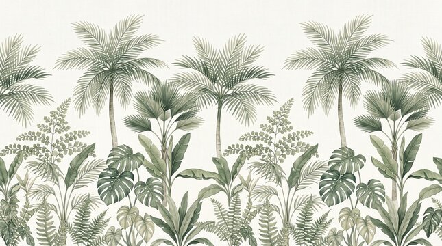Botanical tropical jungle wallpaper pattern with palm leaves and ferns