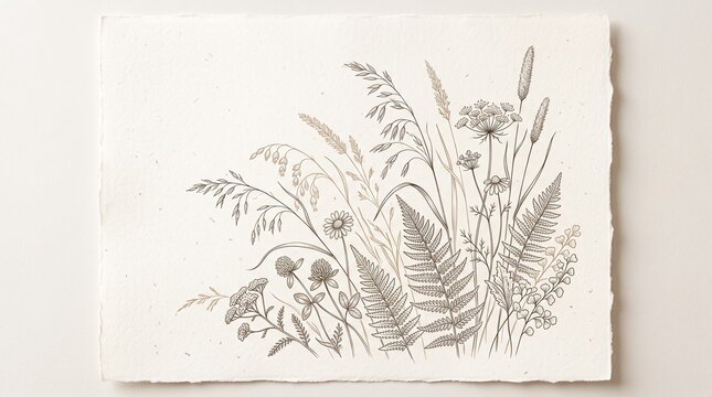Botanical ink drawing of wild meadow flowers and ferns on textured paper