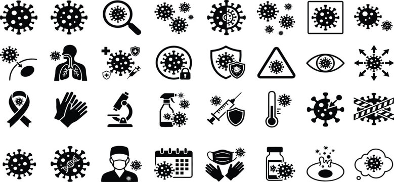 Virus prevention and infection control icon collection featuring pathogens, vaccination, masks, hygiene, diagnosis, protection, and healthcare safety