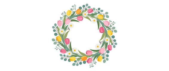 Fototapeta premium Spring Tulip Daisy Wreath Isolated Transparent Background Floral Frame