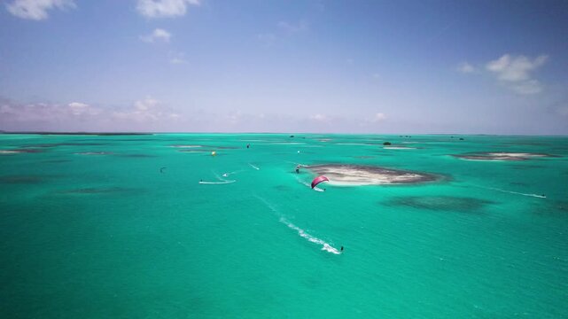 Aerial view of kitesurfers in Los Roques archipelago, Venezuela.