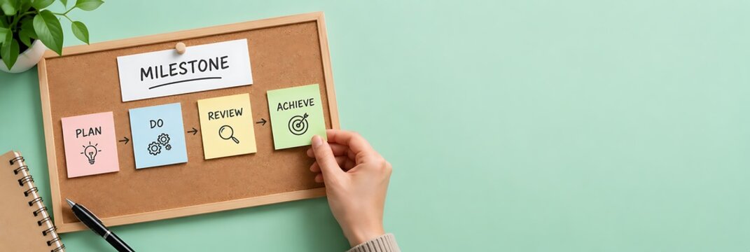 Milestone planning process on a cork board with sticky notes showing plan, do, review, and achieve steps in a business strategy concept