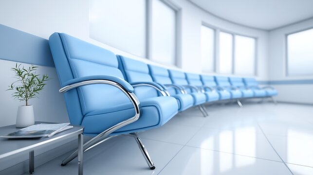 Modern blue waiting chairs in bright minimalist medical clinic - professional healthcare interior