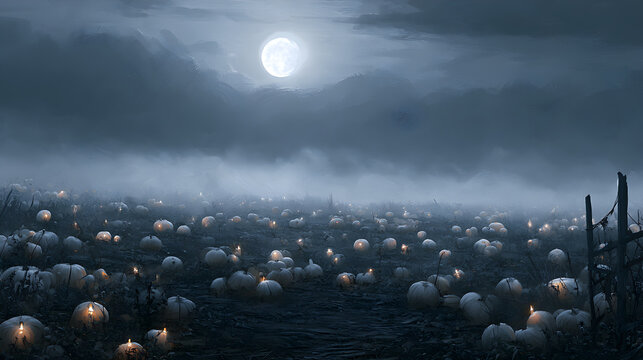 Halloween wallpaper, moonlit pumpkin field with mist rolling in on a quiet October night, creepy candlelit ambiance, ghostly grey and white tones, dark fantasy art style, high resolution