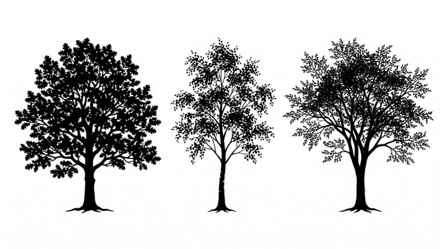 Three deciduous tree silhouettes isolated on a white background