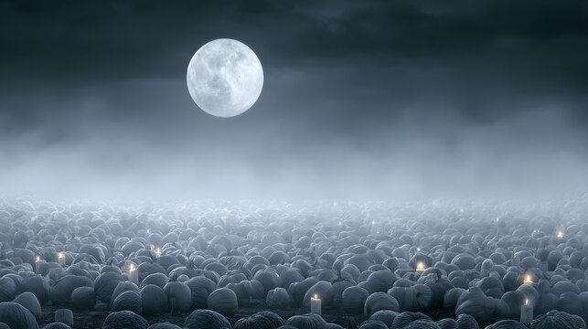 Halloween wallpaper, moonlit pumpkin field with mist rolling in on a quiet October night, creepy candlelit ambiance, ghostly grey and white tones, dark fantasy art style, high resolution
