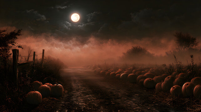 Halloween wallpaper, moonlit pumpkin field with mist rolling in along a dark country road, dark and haunting feel, rustic burnt orange and black palette, digital painting style, high resolution