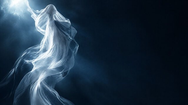 Ethereal ghost figure in flowing white fabric, mysterious phantom spirit floating in dark blue space, haunting supernatural apparition with glowing light