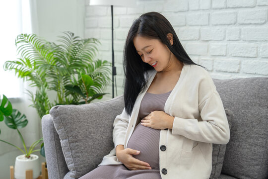 Happy and smiling pregnant Asian woman sitting on a sofa in the living room. Family planning concept.