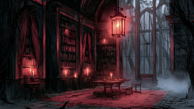 Halloween wallpaper, old library with cobwebs and dim candlelight in a dense fog-covered swamp, dark and haunting feel, blood red and charcoal palette, comic book horror style, rich moody textures