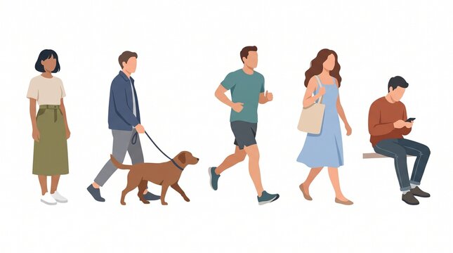 Diverse group of people walking running and sitting on a white background