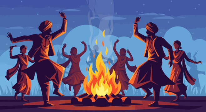 People dancing around a bonfire celebrating a festival.