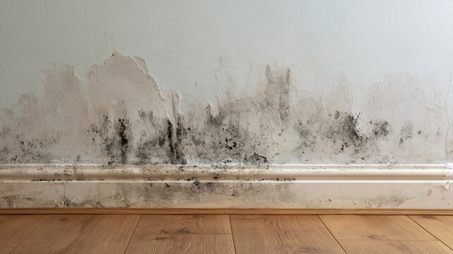 Damp interior wall with extensive mold and mildew stains above wooden flooring, showing water damage and humidity deterioration in need of restoration.