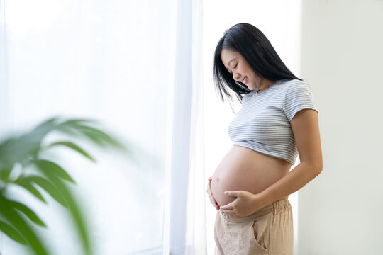 Smiling pregnant Asian woman standing by a window.
