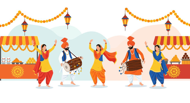 Vibrant Punjabi people celebrating a festival with music and dance.