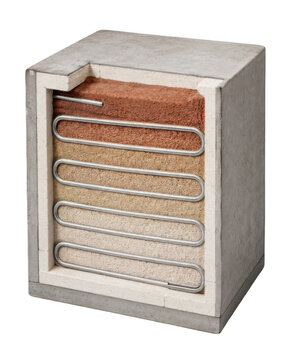 Cross section of a thermal storage block with internal heating coils and insulating materials isolated on transparent background