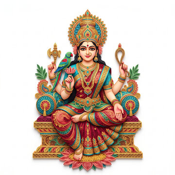 Hindu goddess Lakshmi seated in ornate throne with parrot and lotus flower