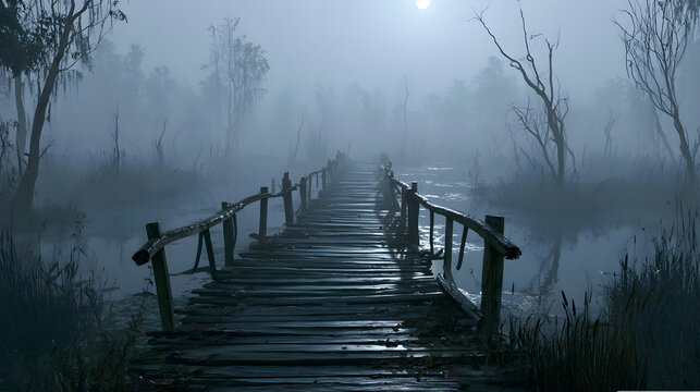 Halloween wallpaper, old wooden bridge over a misty swamp on a foggy autumn night, flickering shadows everywhere, ghostly grey and white tones, high-detail fantasy art style, soft eerie fog effect