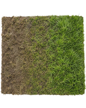 Lawn care stages showing turf condition progression from dead soil to healthy green grass isolated on transparent background