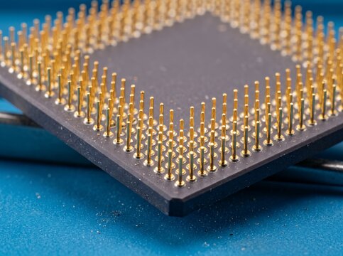 Golden connector pins on dark microchip corner close up view perfect for tech concepts.