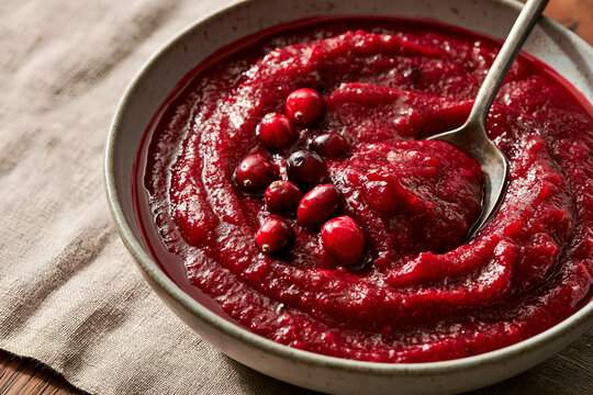 Thick cranberry sauce in a shallow bowl with a spoon