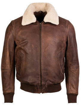 A vintage style distressed leather flight jacket featuring a ribbed hem and cuffs with a soft sherpa lining for added warmth and comfort