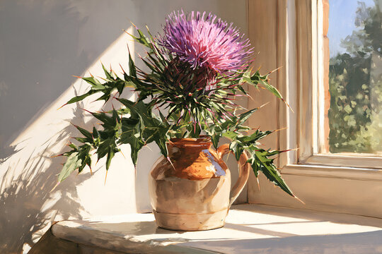 Purple thistle head standing in a stoneware jug on a sill
