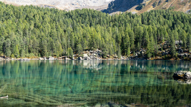 Turquoise waters of Lagh da Saoseo in the Engadin Alps surrounded by autumn nature, creating a peaceful, almost surreal scenery symbolizing mindfulness, clarity, letting go and inner calm.