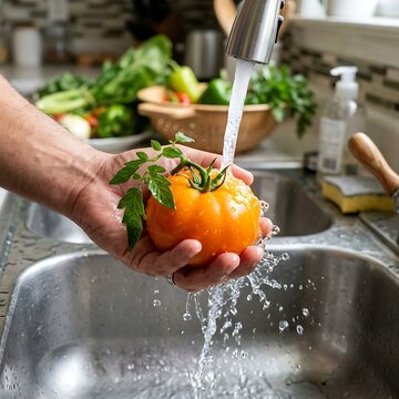 Washing fresh organic yellow tomato with tap water in a kitchen sink for healthy food preparation concepts.