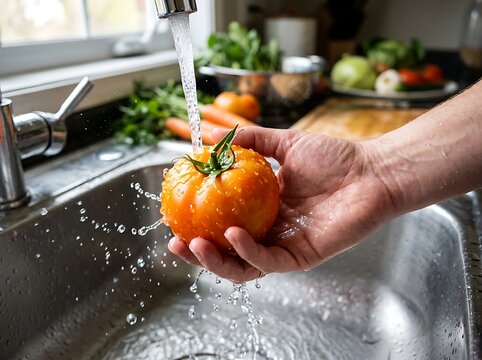 Fresh yellow heirloom tomato with green stem being washed under tap water in a modern home kitchen.