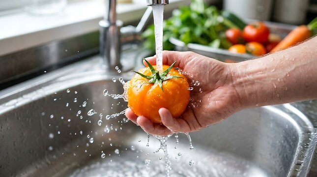 Person washing a fresh orange tomato under a running faucet in a stainless steel kitchen sink setup.