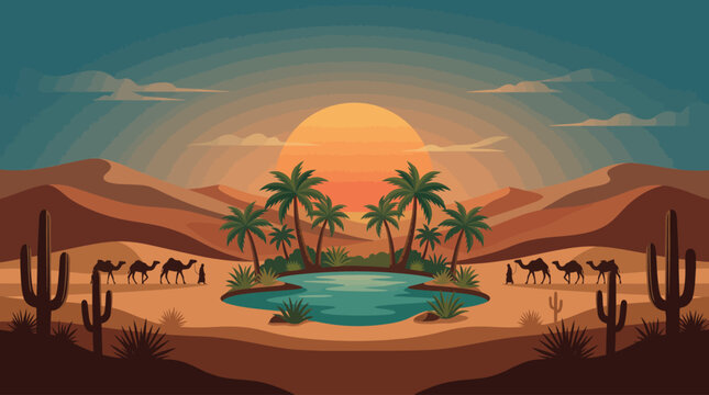Flat vector illustration of a desert oasis at sunset featuring a camel caravan. Ideal for travel website backgrounds, environmental presentations, and tourism banner designs.