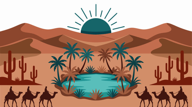 Desert oasis landscape with camel caravan silhouette, palm trees, sand dunes, and sun. Flat vector illustration for travel design.