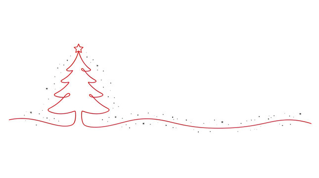 Minimalist continuous red line drawing of a christmas tree with decorative star and sparkles