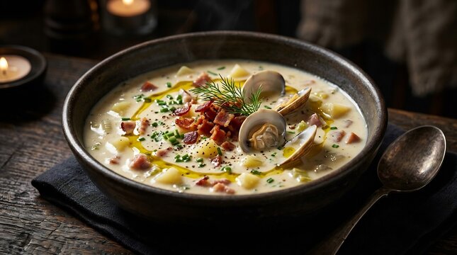 Structured gourmet presentation of creamy clam chowder