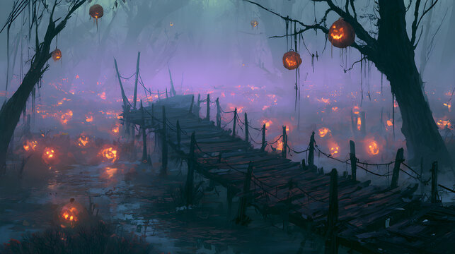 Halloween wallpaper, old wooden bridge over a misty swamp in a glowing jack-o-lantern field, mysterious foggy mood, purple and green color palette, dark fantasy art style, ultra detailed