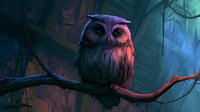 Halloween wallpaper, owl perched on a crooked branch at night in a creepy old attic, gothic and mysterious charm, purple and green color palette, photorealistic style, dramatic shadow contrast