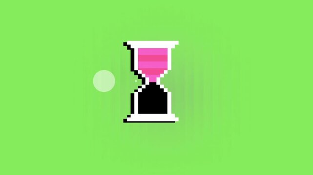 Pixel art hourglass spinning and flipping animation on a green background