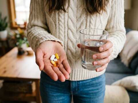 Person wearing a cable knit sweater holding medication pills and a glass of water for treatment concept.