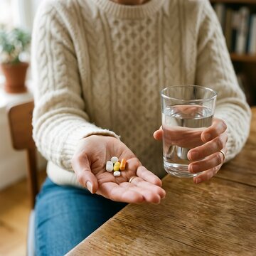 Close up of hands holding colorful medication capsules and a glass of fresh water in a home setting.
