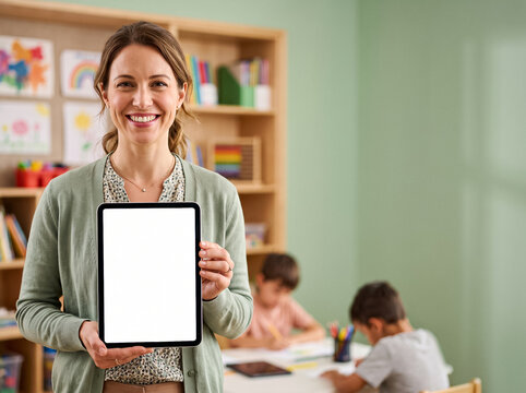smiling woman in cardigan holding tablet with blank white screen in classroom with studying children background presenting online educational platform