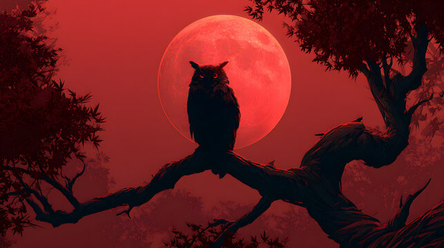 Halloween wallpaper, owl perched on a crooked branch at night under a blood-red moon, flickering shadows everywhere, deep red and black tones, high-detail fantasy art style, wide cinematic composition